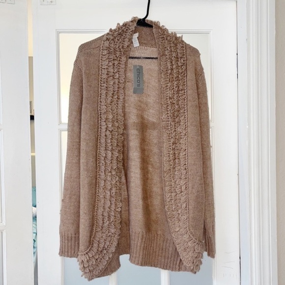 NWT Chico's Fringe Open Front Knit Cardigan Sweater w/ Sash Beige/Tan sz Large - Picture 1 of 15